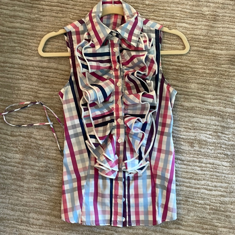 Anne Fontaine magenta,white,burgundy, lt blue sleeveless ruffled placket blouse